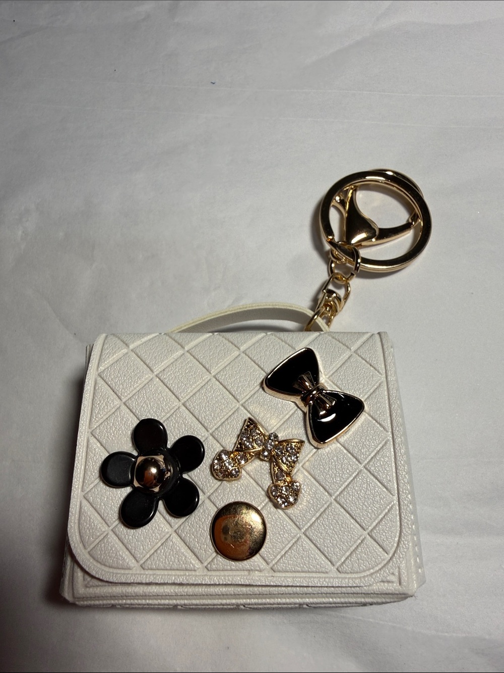 White Quilted Keychain & AirPod holder Gold Tone Hardware and Decorative Charms